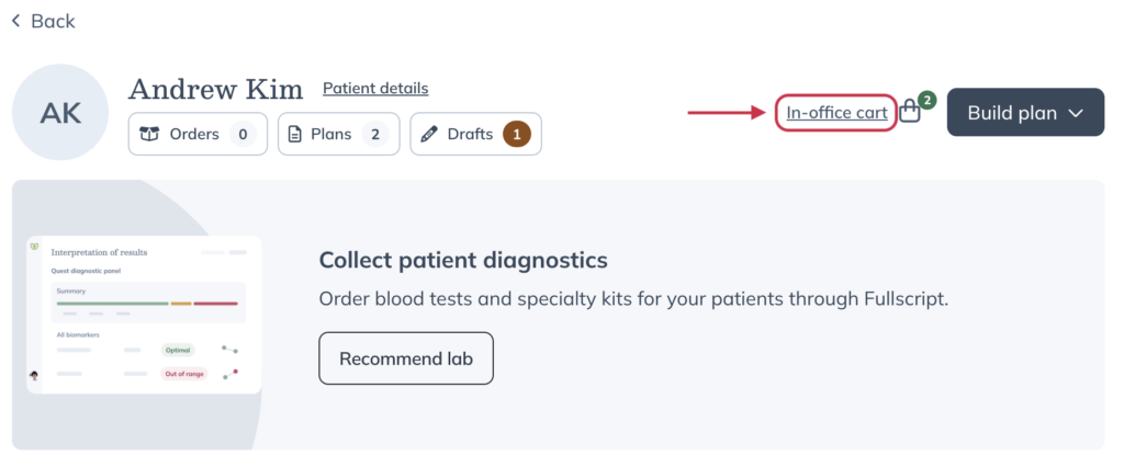 In-office cart button in the patient profile